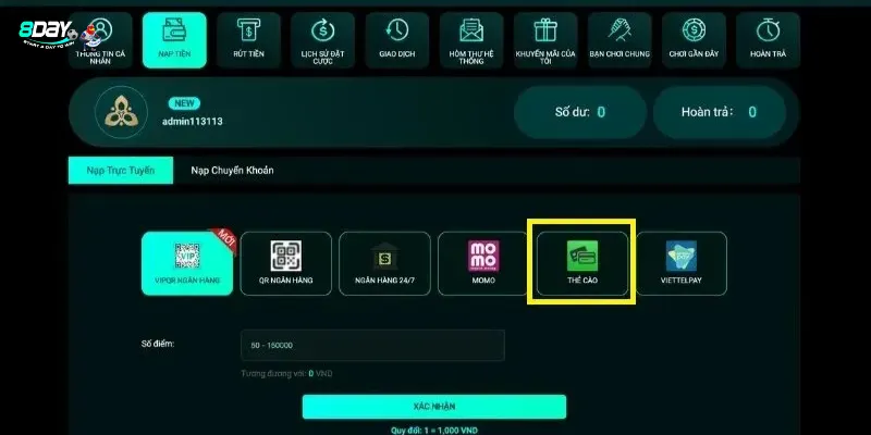 Nắm rõ các phương thức nạp tiền tại 8day